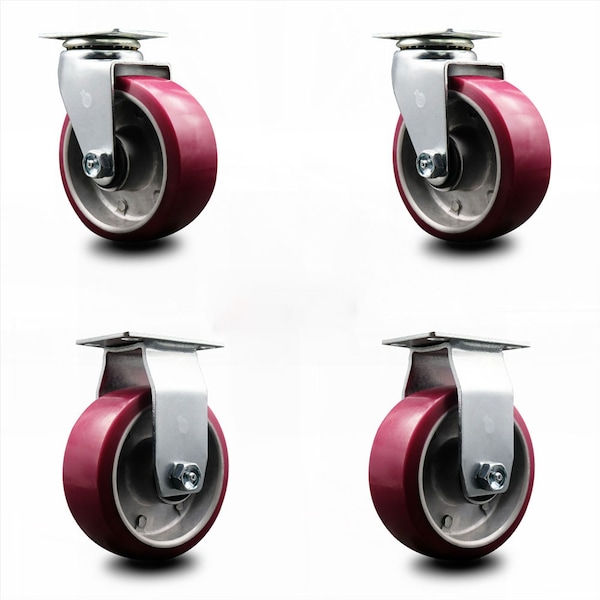 5 Inch Poly on Aluminum Caster Set with Ball Bearings 2 Swivel 2 Rigid SCC